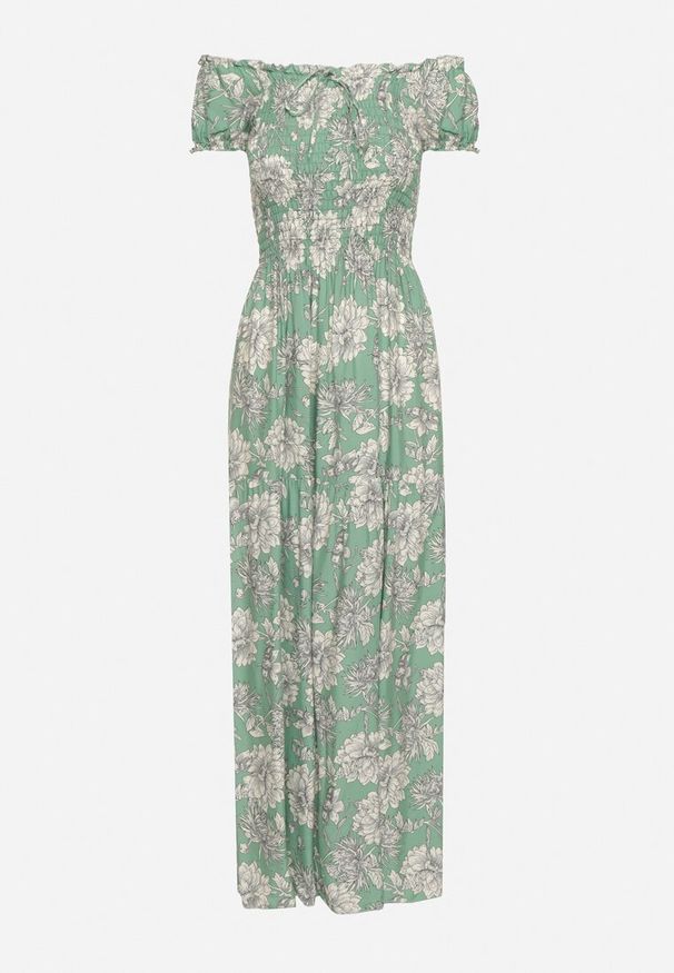 Born2be - Zielona Sukienka z Wiskozy Typu Hiszpanka z Marszczonym Dekoltem Yelbia. Typ kołnierza: dekolt hiszpanka. Kolor: zielony. Materiał: wiskoza. Wzór: kwiaty