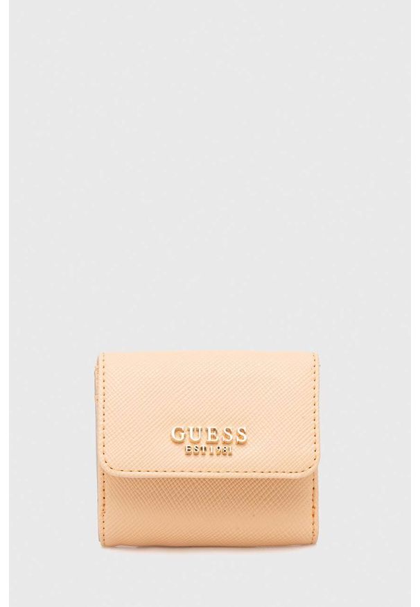 Guess portfel damski kolor pomarańczowy. Kolor: pomarańczowy. Materiał: materiał. Wzór: gładki