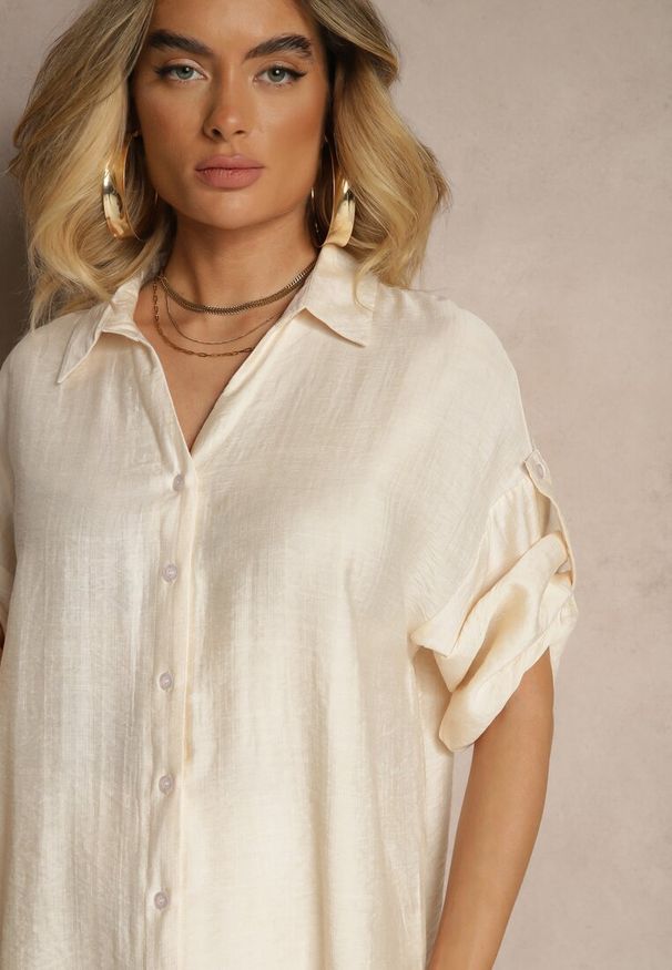 Renee - Jasnobeżowy Wiskozowy Komplet Szerokie Spodnie i Koszula z Podpinanymi Rękawami Tulmoi. Kolor: beżowy. Materiał: wiskoza