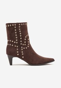 Renee - Brązowe Botki na Stożku z Metalicznymi Nitami Violera. Kolor: brązowy. Materiał: jeans. Obcas: na stożku. Styl: boho #4