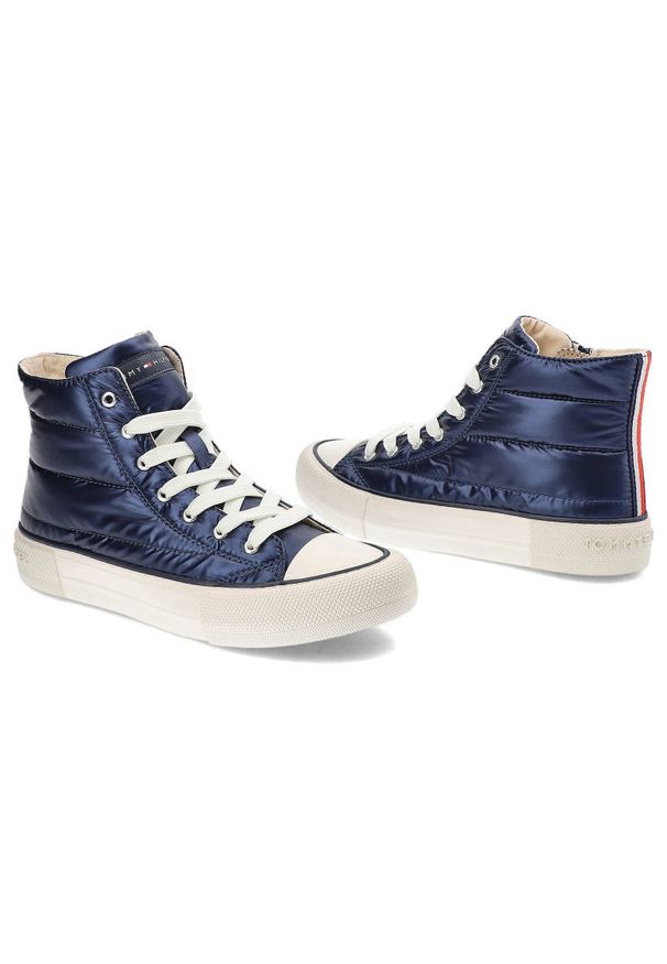 TOMMY HILFIGER - Granatowe Trampki Tommy Hilfiger Modne Pikowane Buty Damskie. Kolor: niebieski. Materiał: skóra ekologiczna, materiał. Szerokość cholewki: normalna. Styl: sportowy