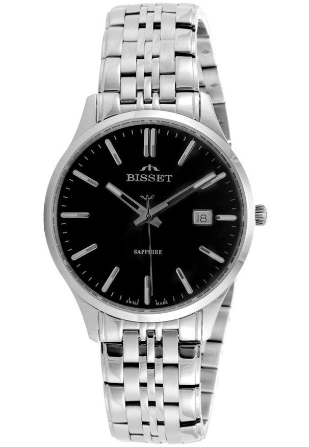 Szwajcarski zegarek męski Bisset BSDF38 szafirowe szkło srebrny czarna tarcza. Kolor: srebrny, niebieski, wielokolorowy, czarny