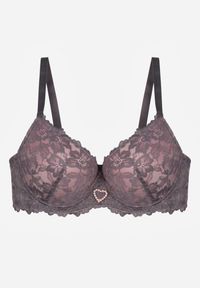 Renee - Szaro-Różowy Koronkowy Biustonosz Ozdobiony Cyrkoniowym Sercem Bothilei. Kolor: szary. Materiał: koronka. Wzór: aplikacja #3