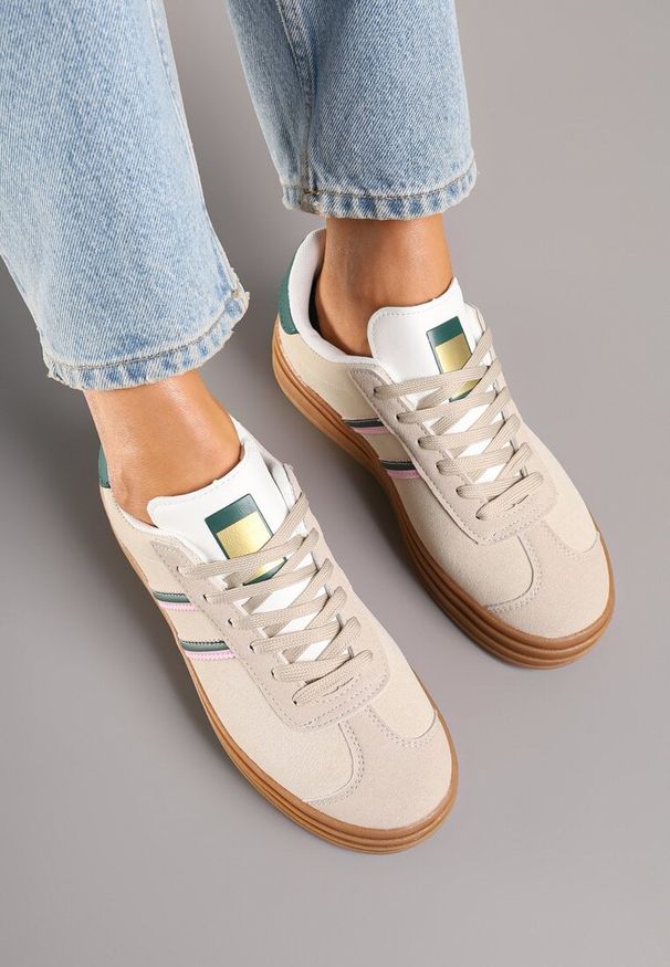 Born2be - Beżowo-Zielone Sneakersy na Platformie z Minimalistycznymi Przeszyciami Teritha. Nosek buta: okrągły. Zapięcie: sznurówki. Kolor: beżowy. Materiał: syntetyk, nubuk. Obcas: na platformie. Wysokość obcasa: niski