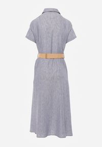 Renee - Niebieska Sukienka o Koszulowym Fasonie z Krótkim Rękawem i Paskiem z Klamrą Sylphusi. Okazja: na randkę. Kolor: niebieski. Materiał: materiał, zamsz. Długość rękawa: krótki rękaw. Typ sukienki: koszulowe. Styl: elegancki #3