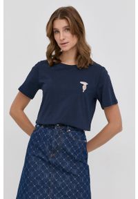 Trussardi Jeans - Trussardi t-shirt bawełniany kolor granatowy. Kolor: niebieski. Materiał: bawełna. Długość rękawa: krótki rękaw. Długość: krótkie. Wzór: aplikacja #2