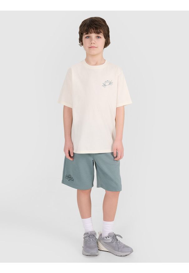 4f - 4F T-shirt oversize z nadrukiem chłopięcy - biały 140 (9-10 lat). Okazja: na co dzień. Kolor: biały. Materiał: dzianina, bawełna, jersey. Długość rękawa: krótki rękaw. Długość: krótkie. Wzór: nadruk. Sezon: lato. Styl: klasyczny, sportowy, casual