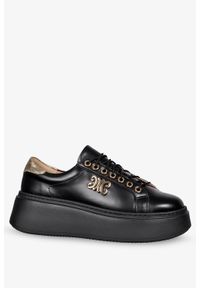 Casu - Czarne sneakersy skórzane damskie na platformie z ozdobą sznurowane produkt polski casu ds-739. Kolor: wielokolorowy, czarny, złoty. Materiał: skóra. Szerokość cholewki: normalna. Wzór: aplikacja. Obcas: na platformie #1