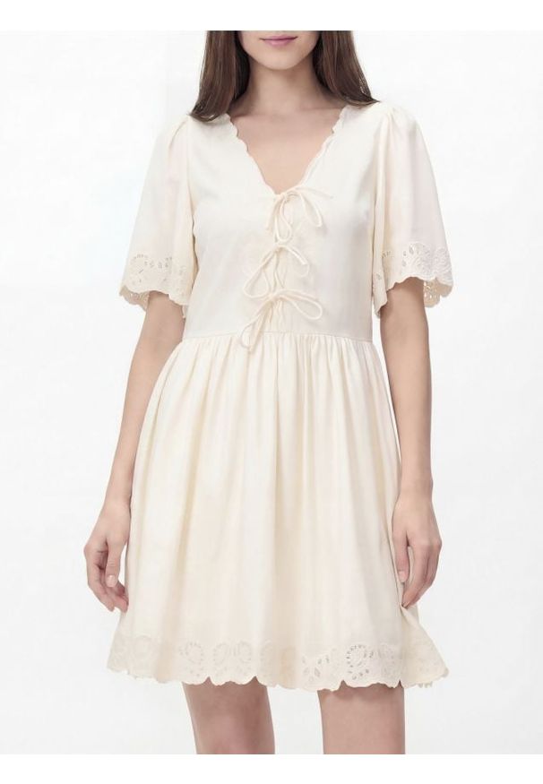 Reserved - Sukienka z dodatkiem lnu - kremowy. Kolor: kremowy. Materiał: len