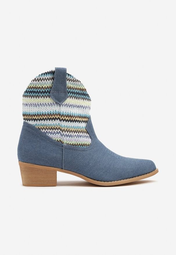 Renee - Niebieskie Botki Typu Kowbojki na Niskim Obcasie Elearisha. Okazja: na co dzień. Nosek buta: szpiczasty. Kolor: niebieski. Materiał: jeans. Obcas: na obcasie. Styl: casual, elegancki. Wysokość obcasa: niski