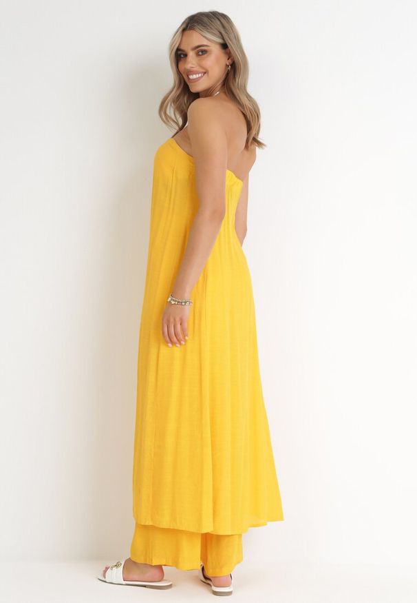 Born2be - Żółty 2-częściowy Komplet Szerokie Spodnie z Gumką i Przedłużany Top Nanisa. Kolor: żółty. Materiał: wiskoza, tkanina. Wzór: gładki