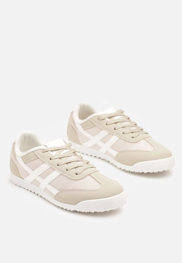 Born2be - Beżowe Płaskie Sneakersy Ozdobione Paskami Almi. Zapięcie: pasek. Kolor: beżowy. Materiał: jeans. Wzór: aplikacja