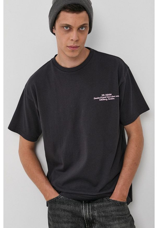Dr. Denim - T-shirt bawełniany. Okazja: na co dzień. Kolor: szary. Materiał: bawełna, denim. Wzór: nadruk. Styl: casual
