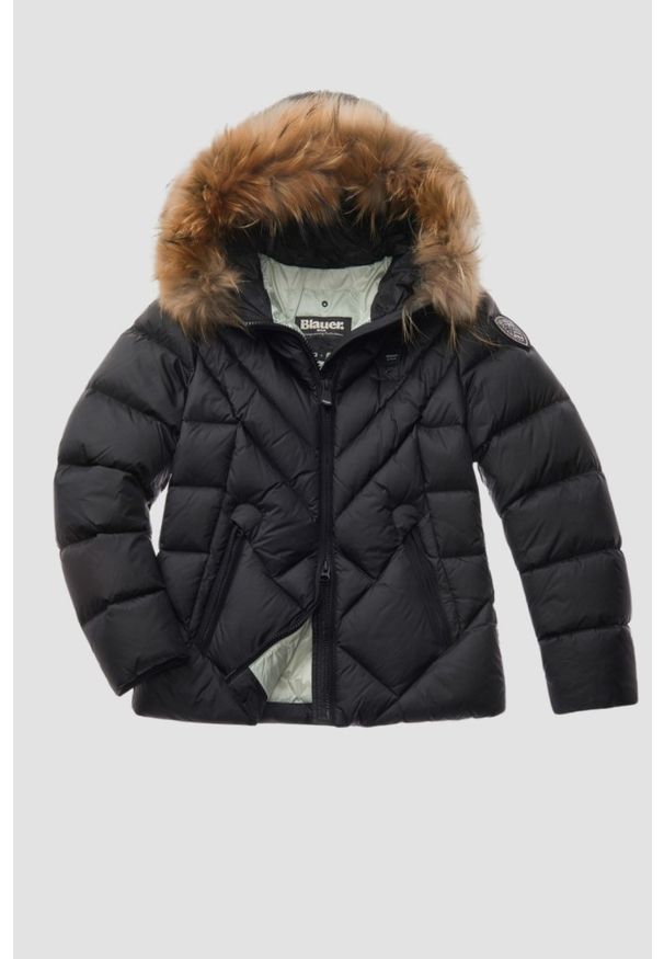 Blauer USA - BLAUER Czarna kurtka damska Alicia Short Jackets, Rozmiar L. Typ kołnierza: kaptur. Kolor: czarny. Materiał: poliamid, futro. Styl: elegancki