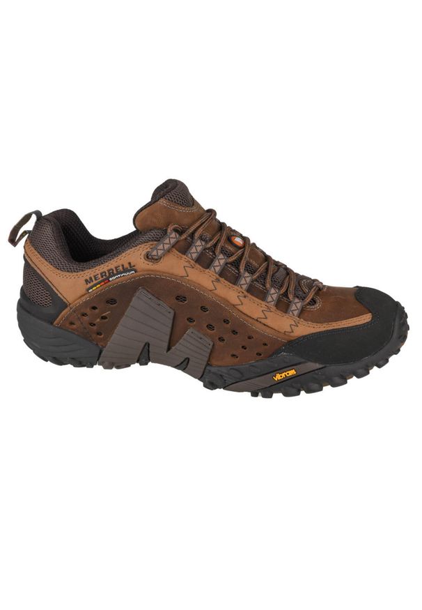 Buty trekkingowe męskie Merrell Intercept. Zapięcie: sznurówki. Kolor: brązowy. Materiał: tkanina, skóra, materiał, syntetyk. Szerokość cholewki: normalna. Sport: turystyka piesza