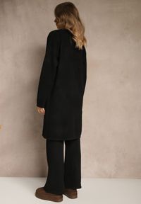 Renee - Czarny Komplet z Dzianiny z Wełną Długi Kardigan Spodnie i Kamizelka Otizane. Kolekcja: plus size. Kolor: czarny. Materiał: dzianina, wełna. Wzór: aplikacja