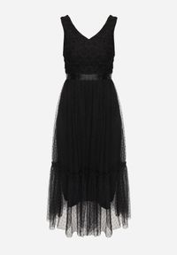 Born2be - Czarna Rozkloszowana Sukienka Midi z Ozdobnym Tiulem Celaina. Kolor: czarny. Materiał: tiul. Długość: midi #4