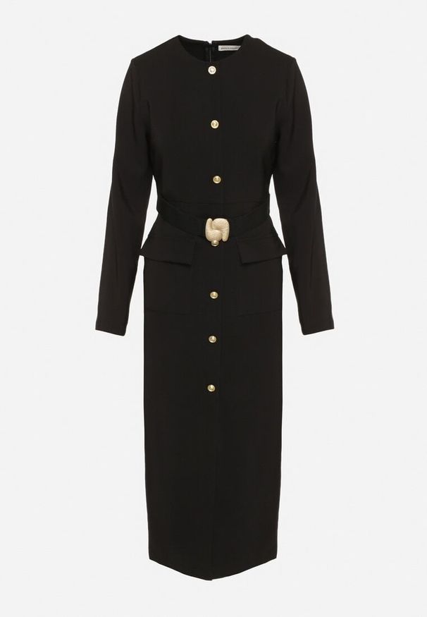 Born2be - Czarna Elegancka Sukienka z Ozdobnymi Guzikami i Paskiem z Klamrą Esmilea. Okazja: do pracy, na co dzień, na spotkanie biznesowe. Kolor: czarny. Długość rękawa: długi rękaw. Typ sukienki: proste. Styl: elegancki