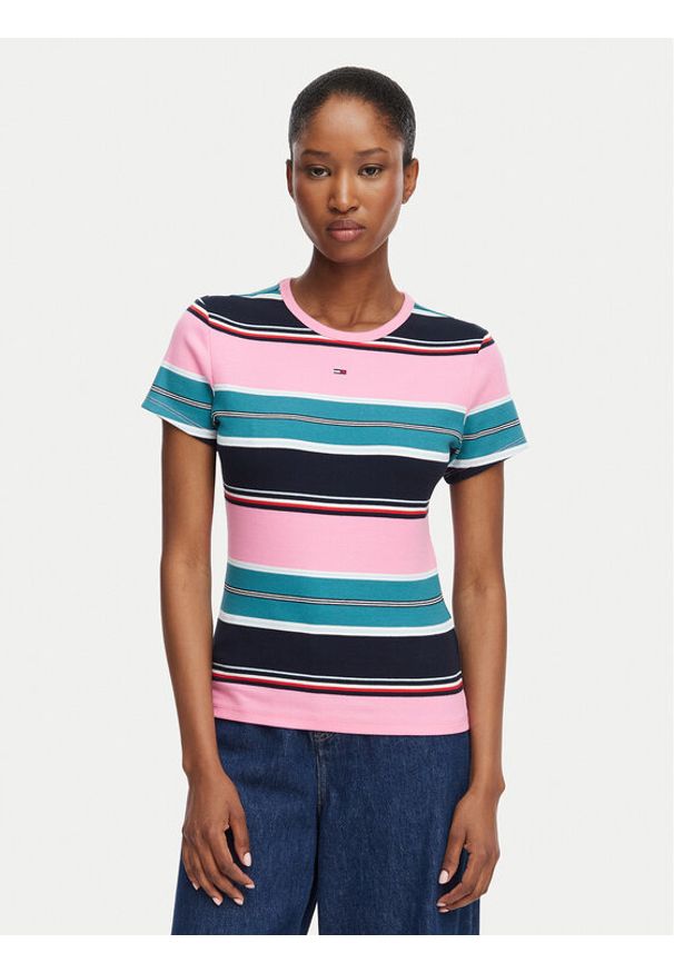 Tommy Jeans T-Shirt Essential DW0DW17383 Kolorowy Slim Fit. Materiał: bawełna. Wzór: kolorowy
