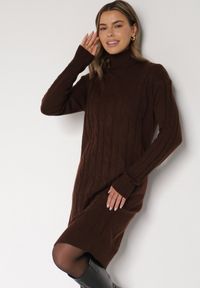 Born2be - Ciemnobrązowa Sweterkowa Sukienka z Golfem Wełną i Bawełną Ozdobiona Splotem Reiania. Okazja: do pracy, na co dzień, na spotkanie biznesowe. Typ kołnierza: golf. Kolor: brązowy. Materiał: wełna, bawełna. Wzór: aplikacja, ze splotem. Typ sukienki: proste. Styl: casual, biznesowy #3