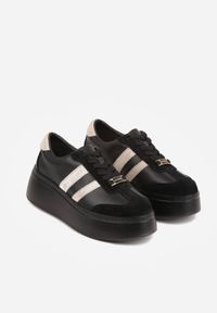 Born2be - Czarno-Beżowe Skórzane Sneakersy na Grubej Podeszwie z Geometrycznym Wzorem Rivimi. Okazja: na co dzień. Kolor: czarny. Materiał: skóra. Wzór: geometria #3