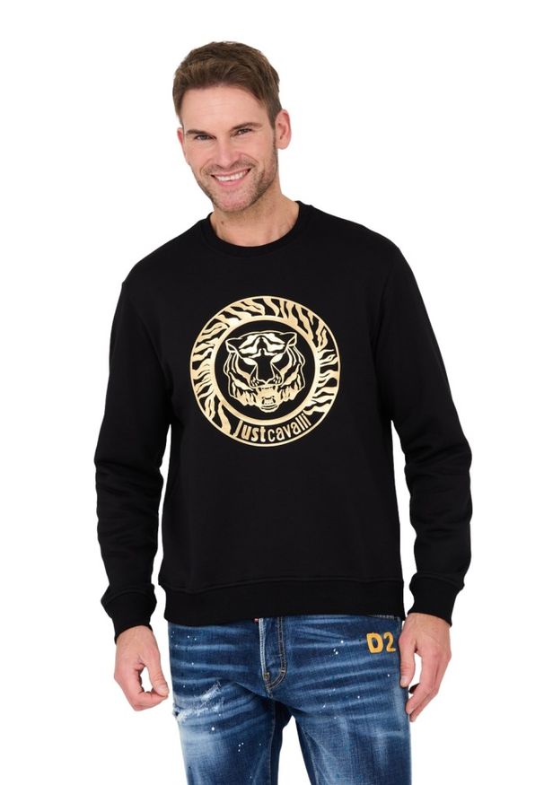Just Cavalli - JUST CAVALLI Czarna męska bluza T-round Gold, Rozmiar M. Kolor: czarny. Wzór: nadruk