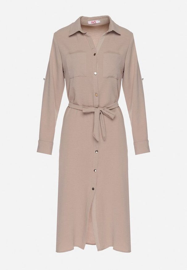 Born2be - Ciemnobeżowa Koszulowa Sukienka z Materiałowym Paskiem Vivinara. Okazja: na imprezę, na co dzień. Kolor: beżowy. Materiał: materiał. Typ sukienki: koszulowe. Styl: elegancki, casual