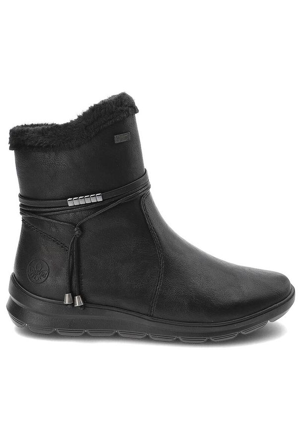 Czarne Botki Rieker Wygodne Buty Damskie. Zapięcie: pasek. Kolor: czarny. Materiał: syntetyk, futro, skóra ekologiczna. Sezon: zima. Styl: elegancki
