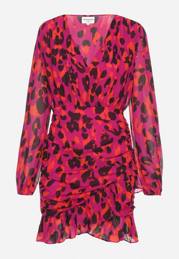 Born2be - Czerwona Panterkowa Kopertowa Sukienka Ozdobiona Marszczeniem i Falbaną Valentica. Okazja: na spacer. Typ kołnierza: dekolt w kształcie V. Kolor: czerwony. Długość rękawa: długi rękaw. Wzór: aplikacja. Sezon: jesień. Typ sukienki: kopertowe. Styl: klasyczny, elegancki