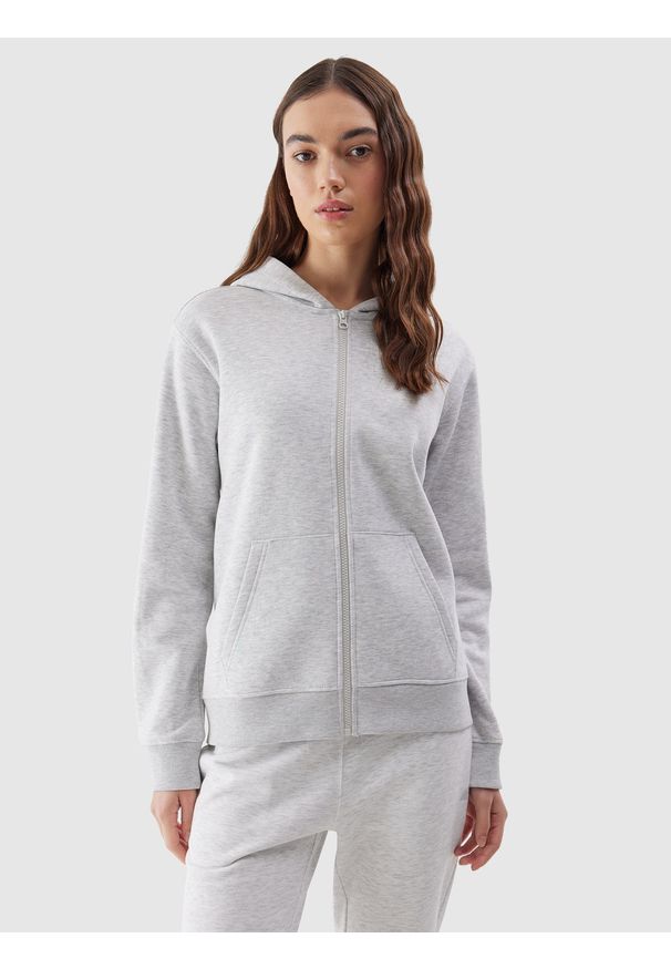 4f - 4F Bluza dresowa rozpinana z kapturem damska - szara L. Okazja: na co dzień. Typ kołnierza: kaptur. Kolor: szary. Materiał: dresówka. Wzór: gładki, ze splotem. Styl: casual, sportowy