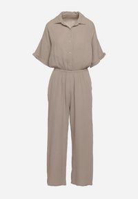 Born2be - Ciemnobeżowy Bawełniany Kombinezon z Koszulową Górą i Prostymi Spodniami Namsore. Kolor: beżowy. Materiał: bawełna. Styl: klasyczny, elegancki #7