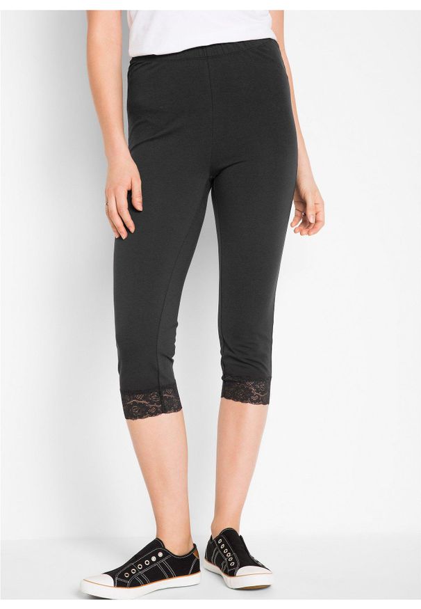 bonprix - Legginsy rybaczki z ozdobną koronką. Kolor: czarny. Materiał: koronka. Wzór: koronka