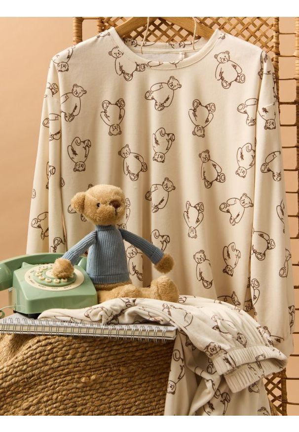 Sinsay - Welurowa piżama dwuczęściowa ze wzorem w misie - kremowy. Kolor: kremowy. Materiał: welur