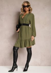 Renee - Jasnozielona Koszulowa Sukienka Mini Galdra. Kolor: zielony. Wzór: aplikacja. Typ sukienki: koszulowe. Długość: mini
