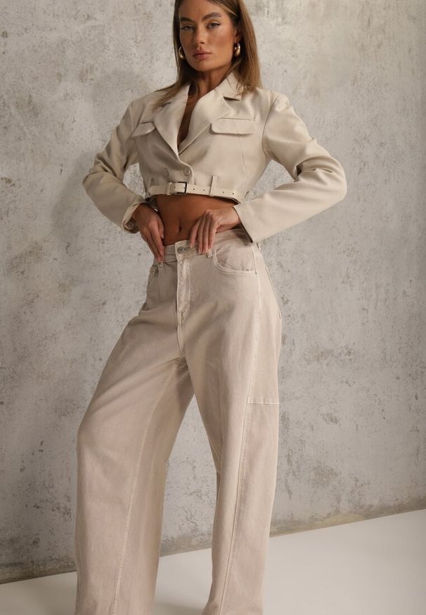 Renee - Beżowe Jeansy z Bawełny Typu Balloon High Waist Ozdobione Przeszyciami Eunaris. Okazja: na co dzień. Stan: podwyższony. Kolor: beżowy. Wzór: aplikacja. Styl: casual