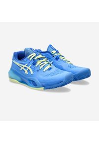 Asics - Buty tenisowe damskie ASICS Gel Resolution X na korty ziemne. Kolor: żółty, wielokolorowy, niebieski. Materiał: kauczuk. Szerokość cholewki: normalna. Sport: tenis
