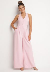 Born2be - Różowy Kombinezon Taliowany Ozdobiony Guzikami Niladwenna. Kolor: różowy. Wzór: aplikacja. Styl: elegancki #1