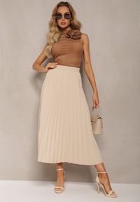Renee - Beżowa Rozkloszowana Spódnica High Waist z Ozdobnymi Plisami i Gumką w Pasie Veratia. Okazja: na co dzień. Stan: podwyższony. Kolor: beżowy. Materiał: tkanina. Styl: casual, elegancki, wizytowy