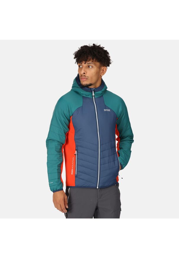 Regatta - Męska kurtka softshell z kapturem Trutton. Typ kołnierza: kaptur. Kolor: niebieski, turkusowy, wielokolorowy. Materiał: softshell. Sezon: zima. Sport: turystyka piesza