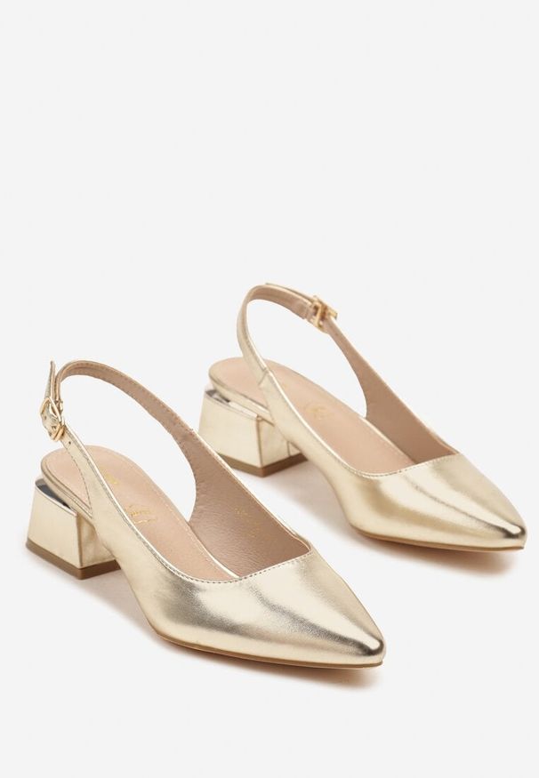 Renee - Złote Sandały Vices Slingback ze Skórzaną Wkładką Ciarissa. Okazja: na co dzień. Zapięcie: sprzączka. Kolor: złoty. Materiał: skóra. Obcas: na obcasie. Styl: casual, elegancki. Wysokość obcasa: średni