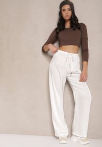 Renee - Białe Spodnie o Szerokim Kroju z Wiskozą High Waist z Wiązaniem Jerisia. Okazja: na co dzień. Stan: podwyższony. Kolor: biały. Materiał: wiskoza. Styl: elegancki, casual