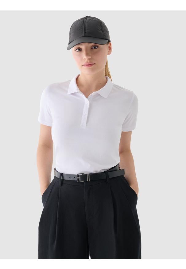 4f - 4F Koszulka polo slim damska - biała XXL. Okazja: na co dzień. Typ kołnierza: polo. Kolor: biały. Materiał: dzianina, bawełna, jersey, materiał, elastan. Długość rękawa: krótki rękaw. Długość: krótkie. Wzór: gładki, ze splotem, jednolity. Styl: klasyczny, sportowy, casual