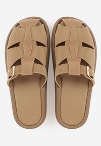 Born2be - Ciemnobeżowe Klapki z Paskami i Kwadratową Sprzączką Olyndar. Okazja: na co dzień. Kolor: beżowy. Materiał: jeans. Sezon: lato. Styl: casual #3