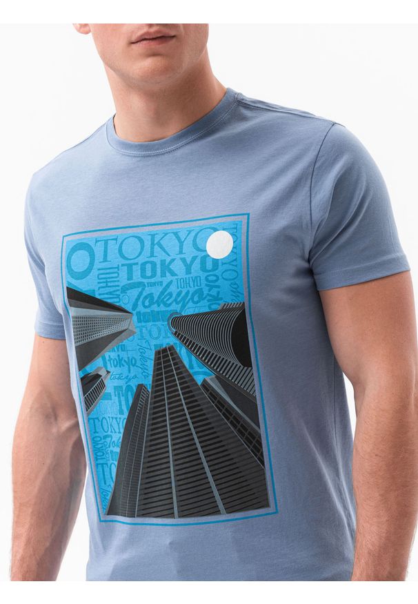 Ombre Clothing - T-shirt męski z nadrukiem S1434 V-5B - niebieski - XXL. Kolor: niebieski. Materiał: bawełna. Wzór: nadruk. Styl: klasyczny