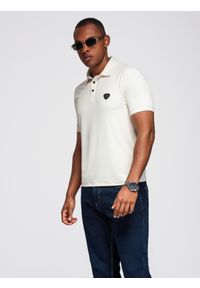 Ombre Clothing - Męska stylowa koszulka polo z elastycznej tkaniny – kremowa V2 - Rozmiar: M. Typ kołnierza: polo. Kolor: kremowy. Materiał: tkanina. Wzór: gładki. Styl: elegancki