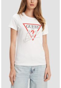Guess - GUESS Biały damski t-shirt Pearls Love. Kolor: biały