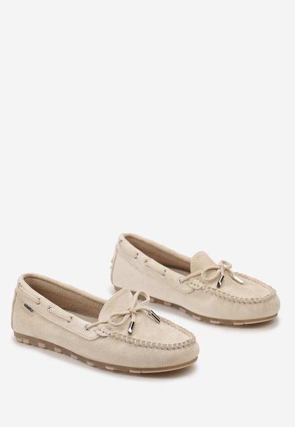 Born2be - Beżowe Mokasyny z Ozdobną Kokardką i Wiązaniami po Bokach Vimedia. Okazja: na co dzień. Kolor: beżowy. Materiał: jeans. Styl: casual