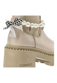 CheBello - Beżowe Botki Chebello Eleganckie Buty Damskie. Kolor: beżowy. Materiał: materiał, skóra. Styl: elegancki #5