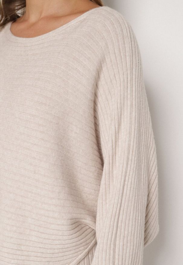 Born2be - Ciemnobeżowy Dzianinowy Komplet Prążkowany Sukienka i Sweter o Kroju Nietoperz Wederela. Kolor: beżowy. Materiał: dzianina, prążkowany