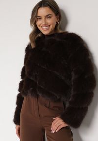 Born2be - Brązowa Krótka Kurtka z Futerkiem na Haftki Loreinda. Okazja: na co dzień. Kolor: brązowy. Materiał: futro. Długość: krótkie. Styl: casual, elegancki #1